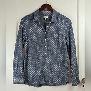 J. Crew Blue and White Polka Dot Woven Henley Top Size 8
